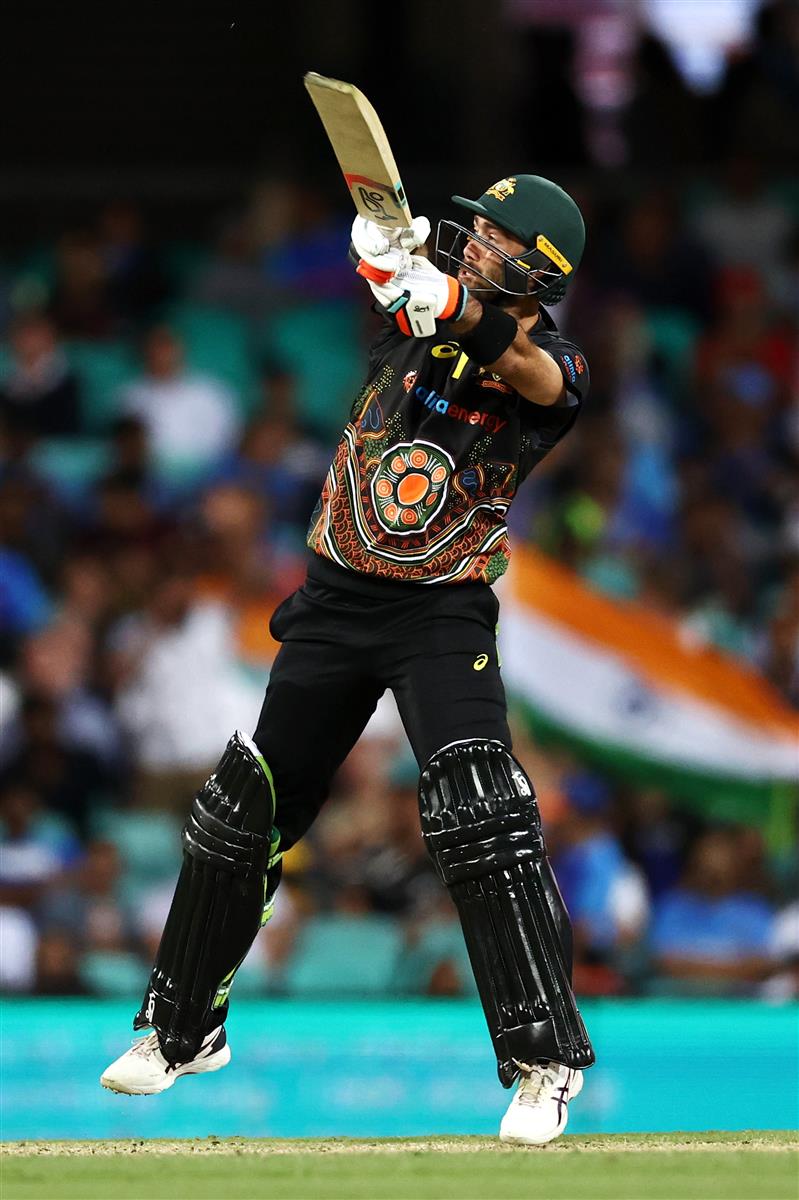 SYDNEY, AUSTRALIA - DECEMBER 08: Glenn Maxwell of Australia bats during game three of the Twenty20 International series between Australia and India at Sydney Cricket Ground on December 08, 2020 in Sydney, Australia. (Photo by Cameron Spencer/Getty Images)
