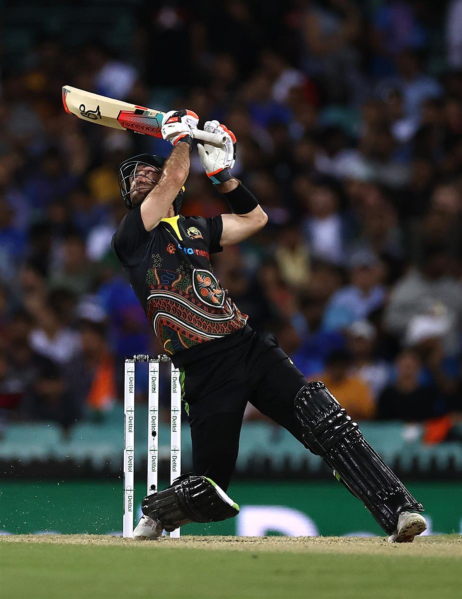 SYDNEY, AUSTRALIA - DECEMBER 08: Glenn Maxwell of Australia bats during game three of the Twenty20 International series between Australia and India at Sydney Cricket Ground on December 08, 2020 in Sydney, Australia. (Photo by Ryan Pierse/Getty Images)