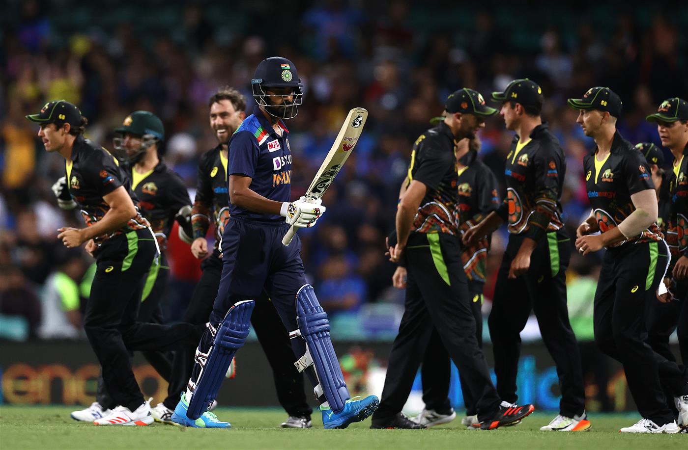 SYDNEY, AUSTRALIA - DECEMBER 08: KL Rahul of India looks dejected after being dismissed by Glenn Maxwell of Australia during game three of the Twenty20 International series between Australia and India at Sydney Cricket Ground on December 08, 2020 in Sydney, Australia. (Photo by Ryan Pierse/Getty Images)