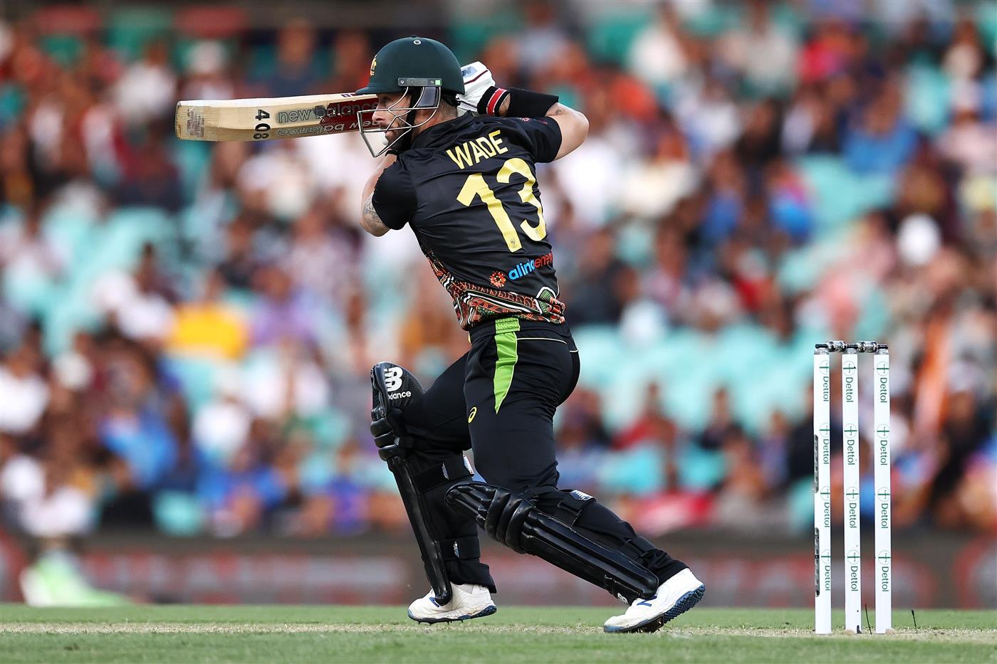 SYDNEY, AUSTRALIA - DECEMBER 08: Matthew Wade of Australia bats during game three of the Twenty20 International series between Australia and India at Sydney Cricket Ground on December 08, 2020 in Sydney, Australia. (Photo by Cameron Spencer/Getty Images)