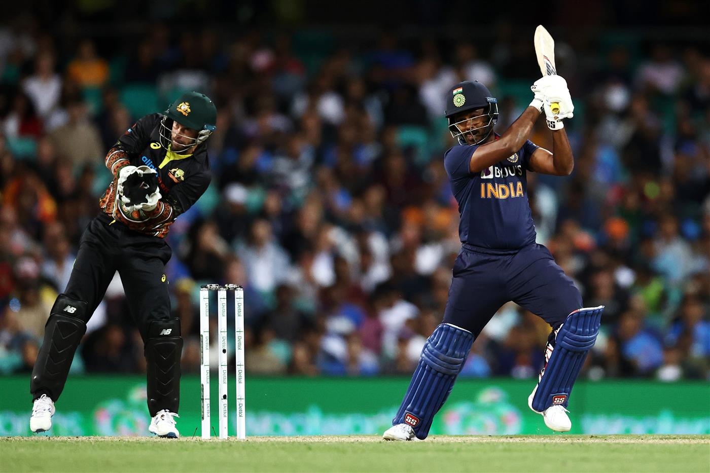SYDNEY, AUSTRALIA - DECEMBER 08: Sanju Samson of India bats during game three of the Twenty20 International series between Australia and India at Sydney Cricket Ground on December 08, 2020 in Sydney, Australia. (Photo by Cameron Spencer/Getty Images)