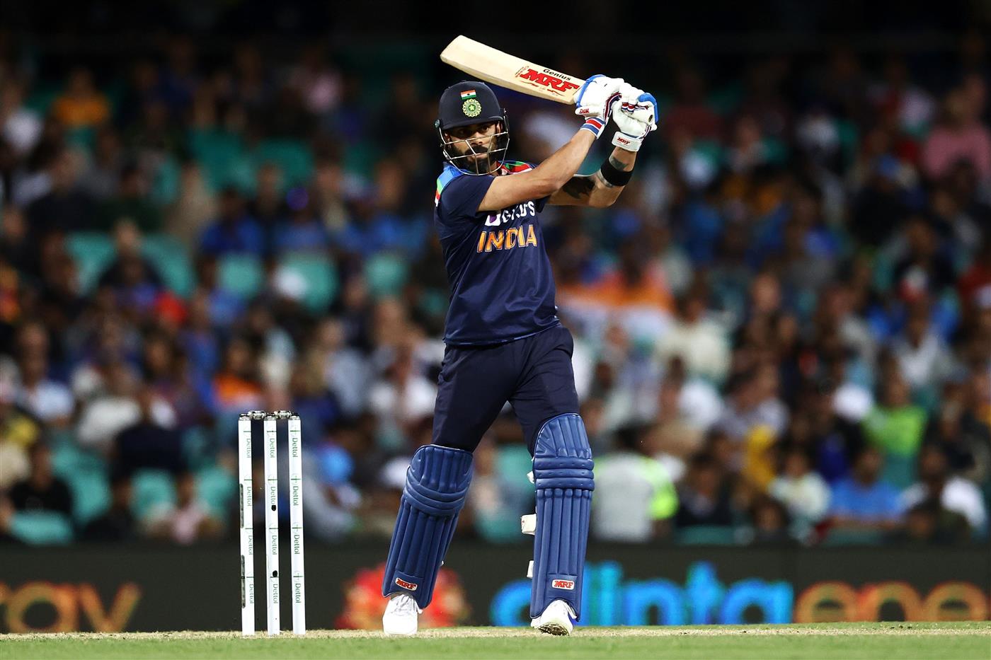 SYDNEY, AUSTRALIA - DECEMBER 08: Virat Kohli of India bats during game three of the Twenty20 International series between Australia and India at Sydney Cricket Ground on December 08, 2020 in Sydney, Australia. (Photo by Cameron Spencer/Getty Images)