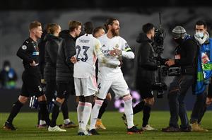 MADRID, SPAIN - DECEMBER 09: Sergio Ramos and Ferland Mendy of Real Madrid celebrate following the UEFA Champions League Group B stage match between Real Madrid and Borussia Moenchengladbach at Estadio Alfredo di Stefano on December 09, 2020 in Madrid, Spain. Sporting stadiums around Spain remain under strict restrictions due to the Coronavirus Pandemic as Government social distancing laws prohibit fans inside venues resulting in games being played behind closed doors. (Photo by Denis Doyle/Getty Images)