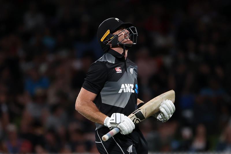 HAMILTON, NEW ZEALAND - DECEMBER 20: Martin Guptill of New Zealand  is dismissed during game two of the International T20 series between New Zealand and Pakistan at Seddon Park on December 20, 2020 in Hamilton, New Zealand. (Photo by Fiona Goodall/Getty Images)