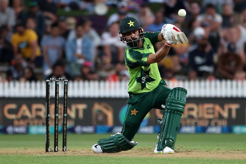 HAMILTON, NEW ZEALAND - DECEMBER 20: Mohammad Hafeez of Pakistan  hits the ball during game two of the International T20 series between New Zealand and Pakistan at Seddon Park on December 20, 2020 in Hamilton, New Zealand. (Photo by Fiona Goodall/Getty Images)