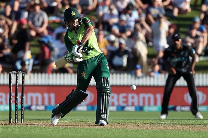 HAMILTON, NEW ZEALAND - DECEMBER 20: Haider Ali of Pakistan takes a shot during the game two of the International T20 series between New Zealand and Pakistan at Seddon Park on December 20, 2020 in Hamilton, New Zealand. (Photo by Fiona Goodall/Getty Images)
