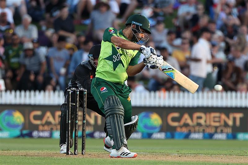 HAMILTON, NEW ZEALAND - DECEMBER 20: Khushdil Shah of Pakistan makes a shot during game two of the International T20 series between New Zealand and Pakistan at Seddon Park on December 20, 2020 in Hamilton, New Zealand. (Photo by Fiona Goodall/Getty Images)