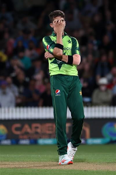 HAMILTON, NEW ZEALAND - DECEMBER 20: Shaheen Afridi of Pakistan  reacts during the game two of the International T20 series between New Zealand and Pakistan at Seddon Park on December 20, 2020 in Hamilton, New Zealand. (Photo by Fiona Goodall/Getty Images)