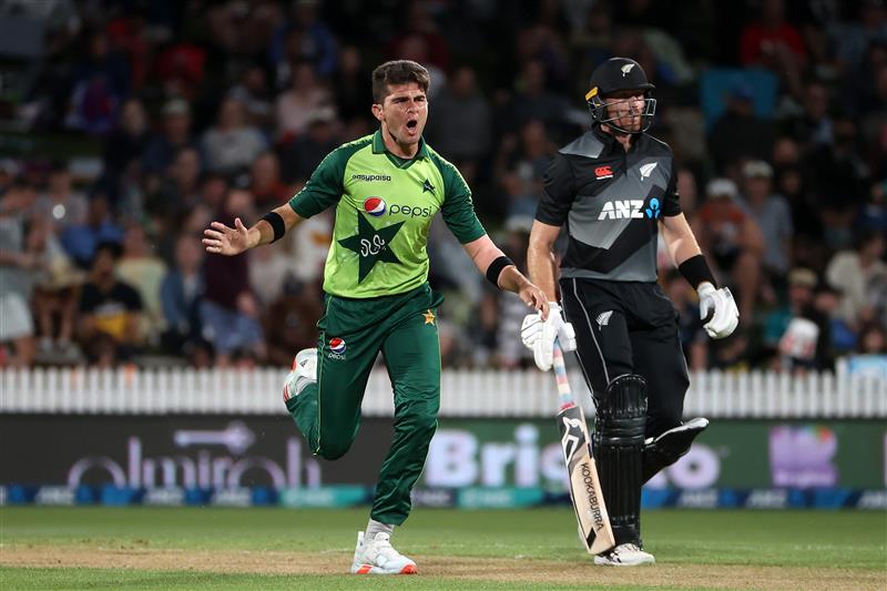 HAMILTON, NEW ZEALAND - DECEMBER 20: Shaheen Afridi of Pakistan reacts as he bowls during the game two of the International T20 series between New Zealand and Pakistan at Seddon Park on December 20, 2020 in Hamilton, New Zealand. (Photo by Fiona Goodall/Getty Images)