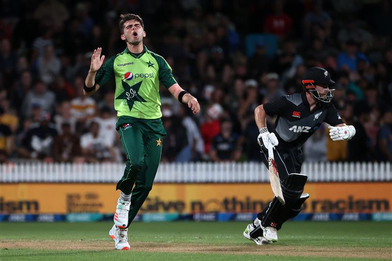 HAMILTON, NEW ZEALAND - DECEMBER 20: Shaheen Afridi of Pakistan reacts as he bowls during game two of the International T20 series between New Zealand and Pakistan at Seddon Park on December 20, 2020 in Hamilton, New Zealand. (Photo by Fiona Goodall/Getty Images)
