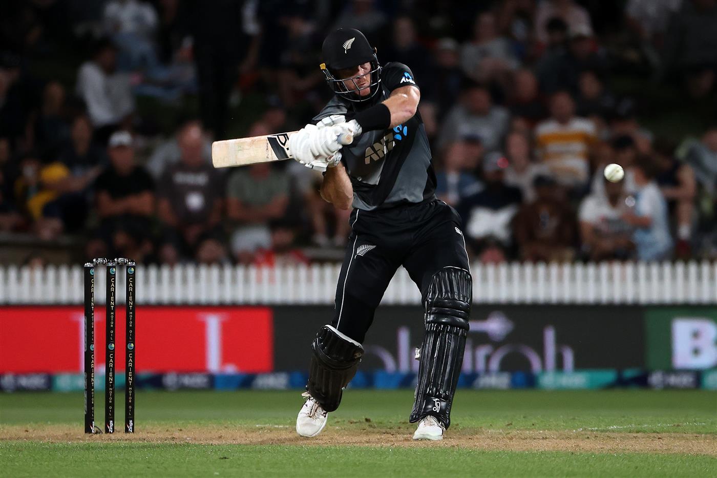 HAMILTON, NEW ZEALAND - DECEMBER 20: Martin Guptill of New Zealand takes a shot during the game two of the International T20 series between New Zealand and Pakistan at Seddon Park on December 20, 2020 in Hamilton, New Zealand. (Photo by Fiona Goodall/Getty Images)
