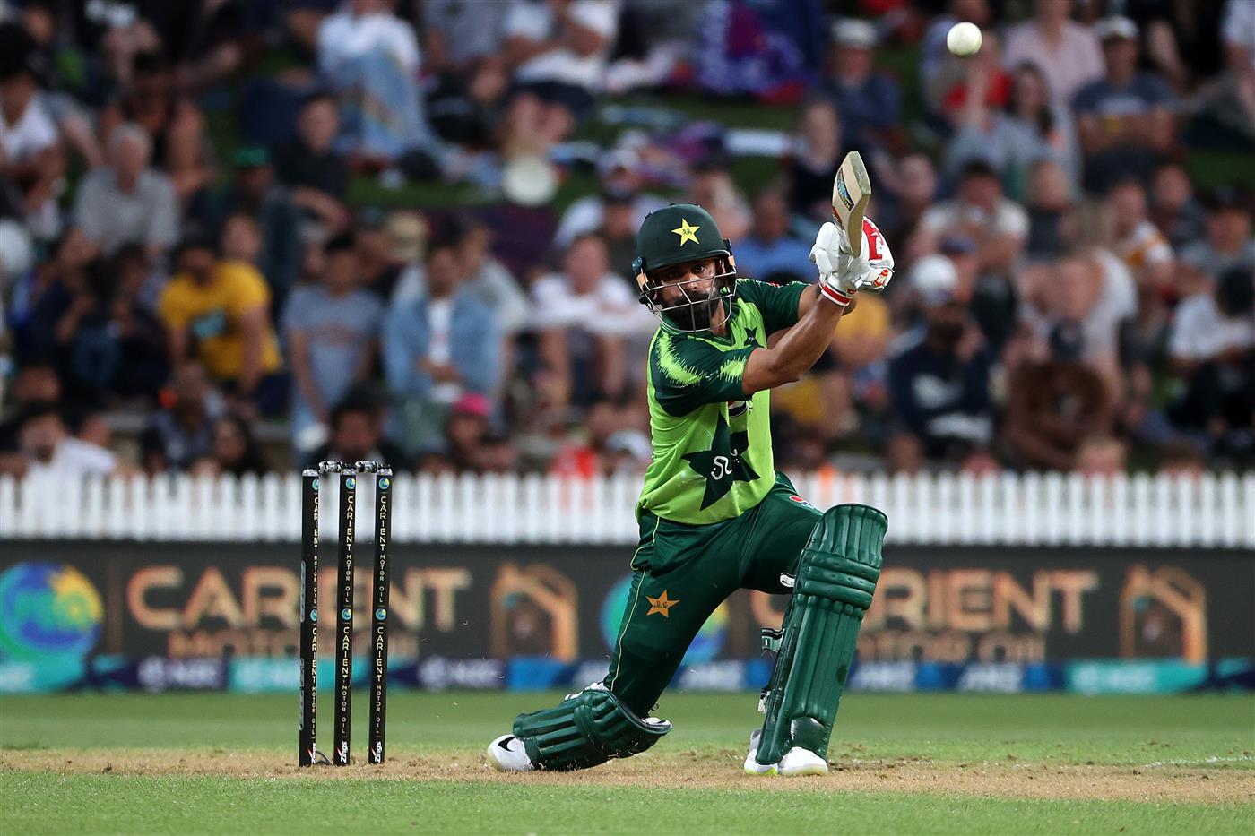 HAMILTON, NEW ZEALAND - DECEMBER 20: Mohammad Hafeez of Pakistan  hits the ball during game two of the International T20 series between New Zealand and Pakistan at Seddon Park on December 20, 2020 in Hamilton, New Zealand. (Photo by Fiona Goodall/Getty Images)