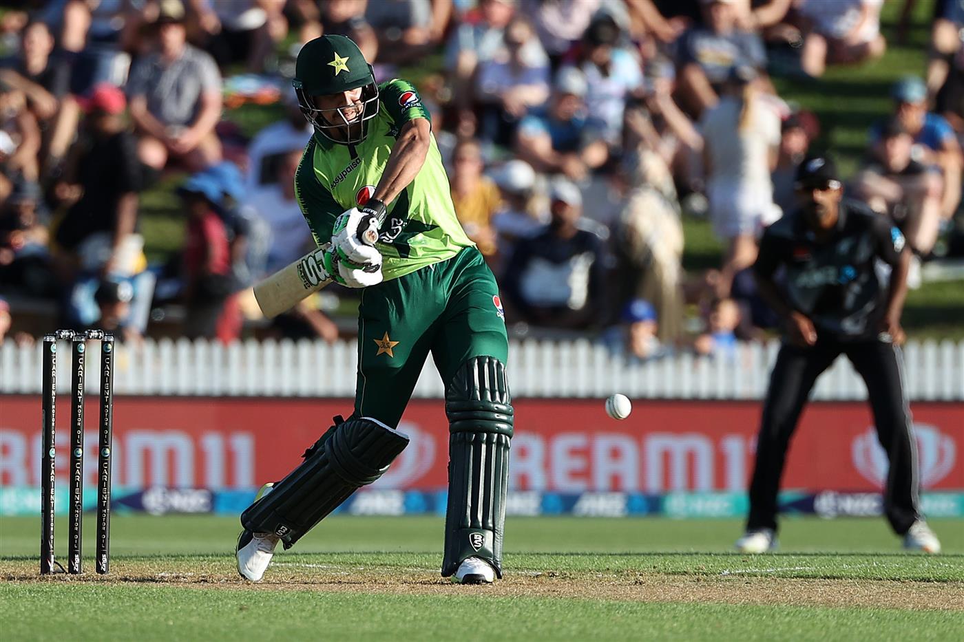 HAMILTON, NEW ZEALAND - DECEMBER 20: Haider Ali of Pakistan takes a shot during the game two of the International T20 series between New Zealand and Pakistan at Seddon Park on December 20, 2020 in Hamilton, New Zealand. (Photo by Fiona Goodall/Getty Images)