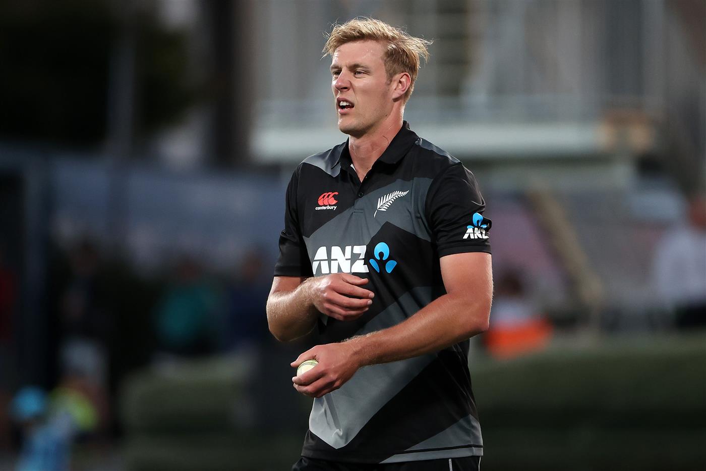 HAMILTON, NEW ZEALAND - DECEMBER 20: Kyle Jamieson of New Zealand  reacts during game two of the International T20 series between New Zealand and Pakistan at Seddon Park on December 20, 2020 in Hamilton, New Zealand. (Photo by Fiona Goodall/Getty Images)