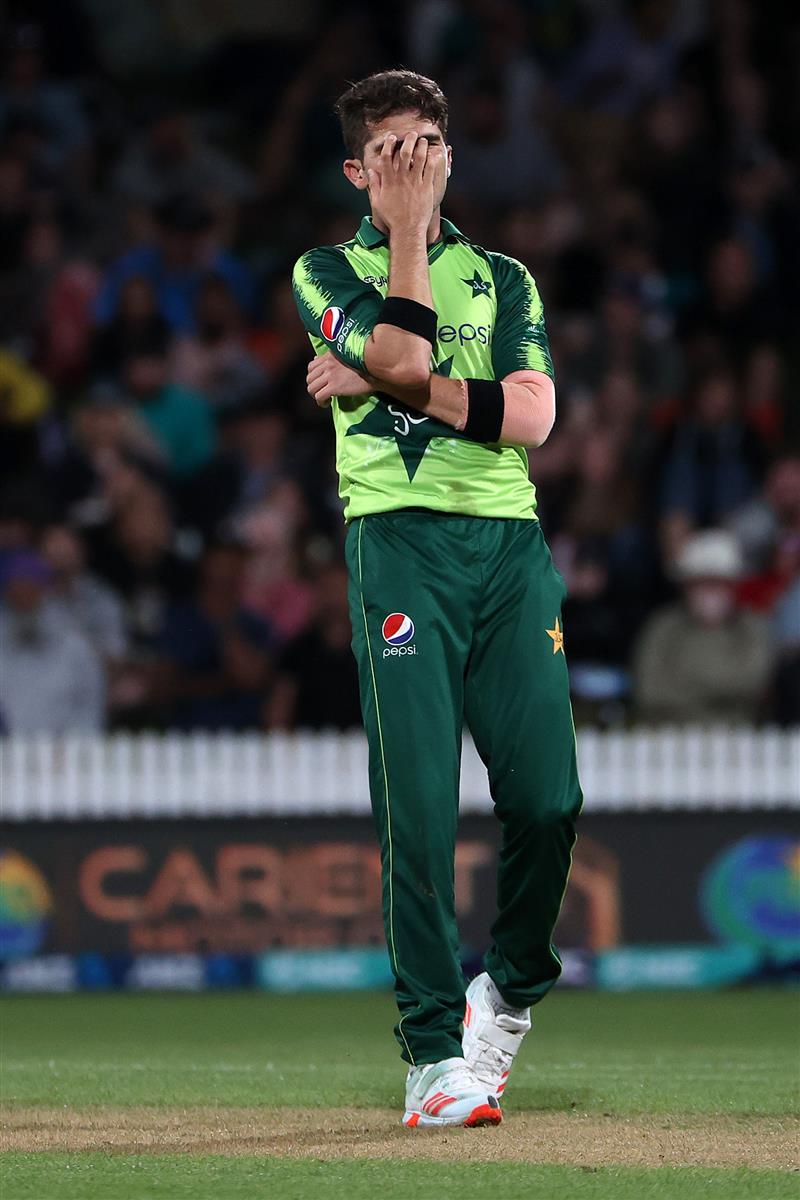 HAMILTON, NEW ZEALAND - DECEMBER 20: Shaheen Afridi of Pakistan  reacts during the game two of the International T20 series between New Zealand and Pakistan at Seddon Park on December 20, 2020 in Hamilton, New Zealand. (Photo by Fiona Goodall/Getty Images)
