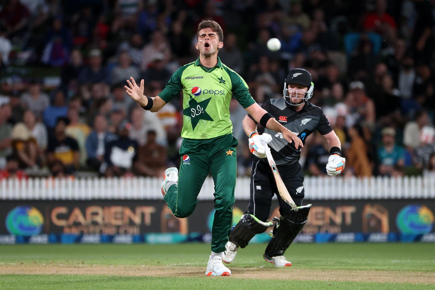 HAMILTON, NEW ZEALAND - DECEMBER 20: Shaheen Afridi of Pakistan reacts as he bowls during the game two of the International T20 series between New Zealand and Pakistan at Seddon Park on December 20, 2020 in Hamilton, New Zealand. (Photo by Fiona Goodall/Getty Images)