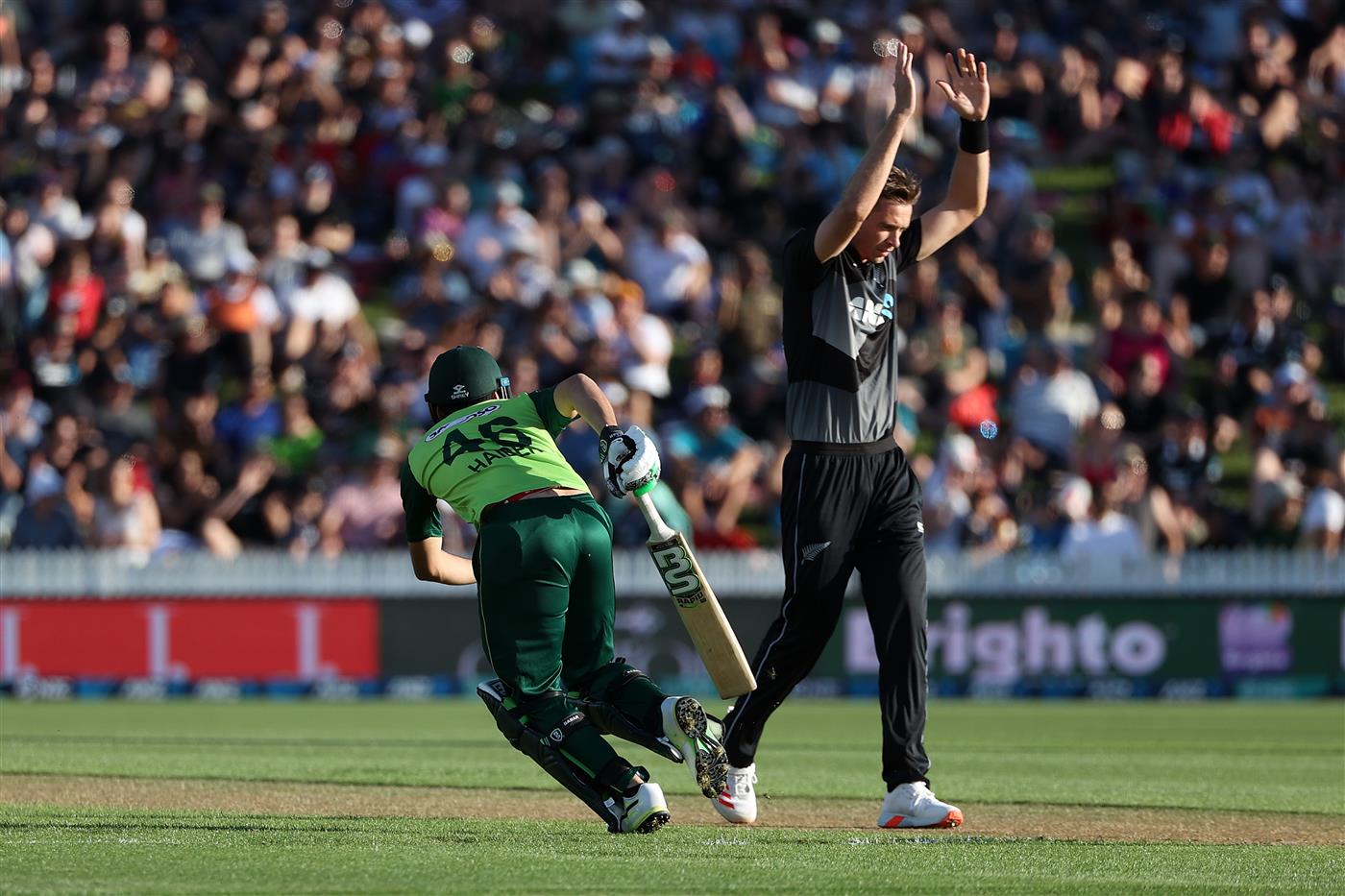 HAMILTON, NEW ZEALAND - DECEMBER 20: Tim Southee of New Zealand reacts to a ball during the game two of the International T20 series between New Zealand and Pakistan at Seddon Park on December 20, 2020 in Hamilton, New Zealand. (Photo by Fiona Goodall/Getty Images)
