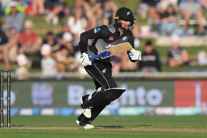NAPIER, NEW ZEALAND - DECEMBER 22: Devon Conway of New Zealand runs during the third game of the International T20 series between New Zealand and Pakistan at McLean Park on December 22, 2020 in Napier, New Zealand. (Photo by Kerry Marshall/Getty Images)