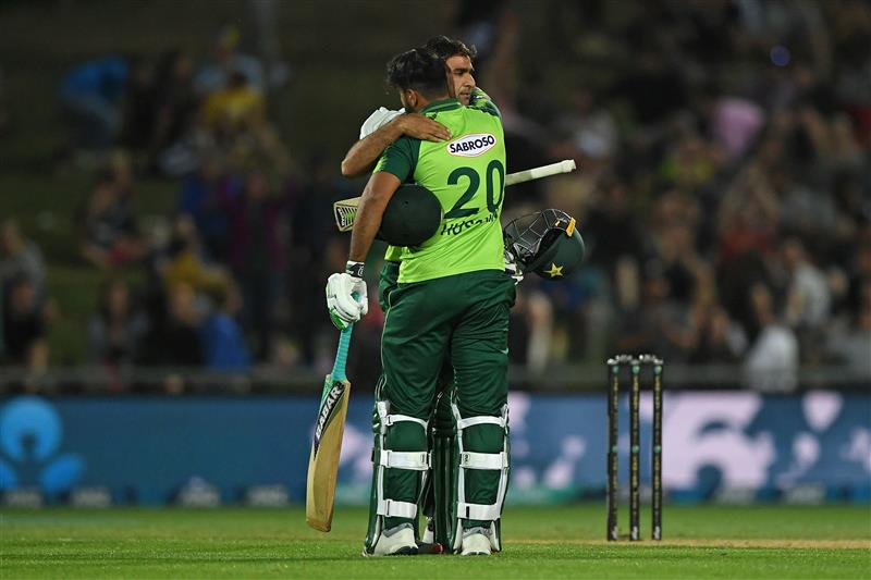 NAPIER, NEW ZEALAND - DECEMBER 22: Hussain Talat and Ifitkhar Ahmed of Pakistan celebrate winning the third game of the International T20 series between New Zealand and Pakistan at McLean Park on December 22, 2020 in Napier, New Zealand. (Photo by Kerry Marshall/Getty Images)