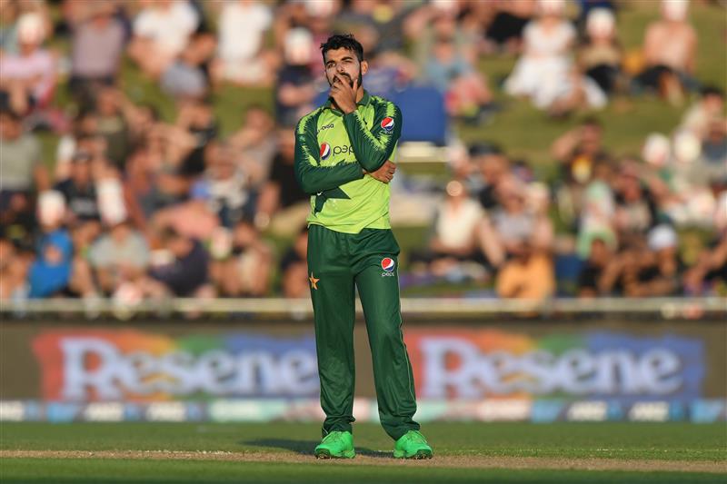 NAPIER, NEW ZEALAND - DECEMBER 22: Shadab Khan of Pakistan reacts during the third game of the International T20 series between New Zealand and Pakistan at McLean Park on December 22, 2020 in Napier, New Zealand. (Photo by Kerry Marshall/Getty Images)