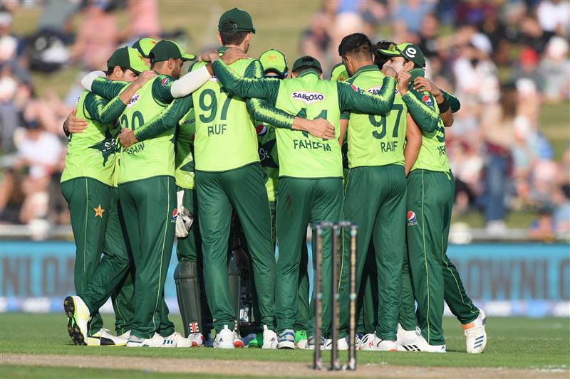NAPIER, NEW ZEALAND - DECEMBER 22: Pakistan players celebrate a wicket during the third game of the International T20 series between New Zealand and Pakistan at McLean Park on December 22, 2020 in Napier, New Zealand. (Photo by Kerry Marshall/Getty Images)