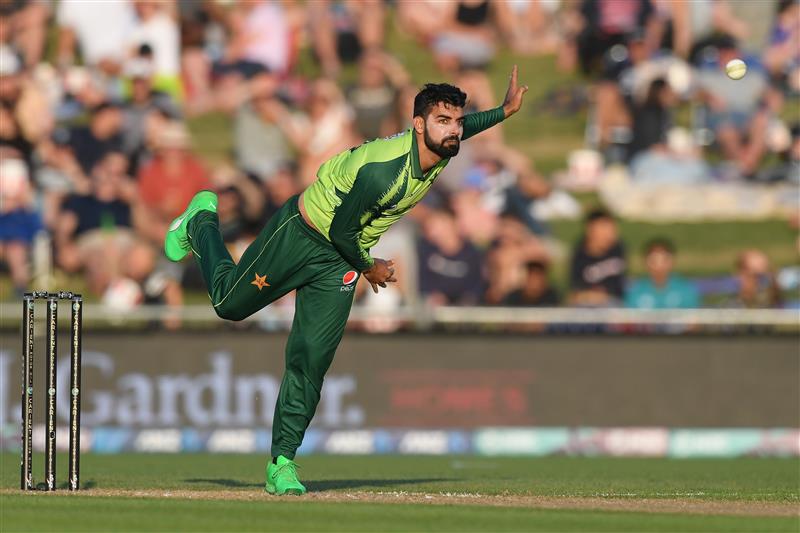 NAPIER, NEW ZEALAND - DECEMBER 22: Shadab Khan of Pakistan bowls during the third game of the International T20 series between New Zealand and Pakistan at McLean Park on December 22, 2020 in Napier, New Zealand. (Photo by Kerry Marshall/Getty Images)