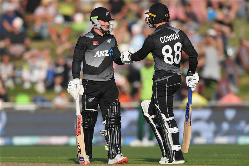 NAPIER, NEW ZEALAND - DECEMBER 22: Tim Seifert and Devon Conway of New Zealand during the third game of the International T20 series between New Zealand and Pakistan at McLean Park on December 22, 2020 in Napier, New Zealand. (Photo by Kerry Marshall/Getty Images)