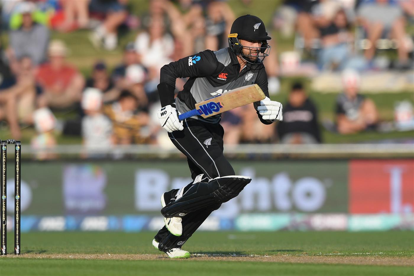 NAPIER, NEW ZEALAND - DECEMBER 22: Devon Conway of New Zealand runs during the third game of the International T20 series between New Zealand and Pakistan at McLean Park on December 22, 2020 in Napier, New Zealand. (Photo by Kerry Marshall/Getty Images)
