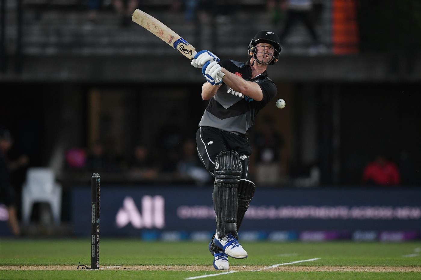 NAPIER, NEW ZEALAND - DECEMBER 22: Jimmy Neesham of New Zealand is hit by the ball during the third game of the International T20 series between New Zealand and Pakistan at McLean Park on December 22, 2020 in Napier, New Zealand. (Photo by Kerry Marshall/Getty Images)