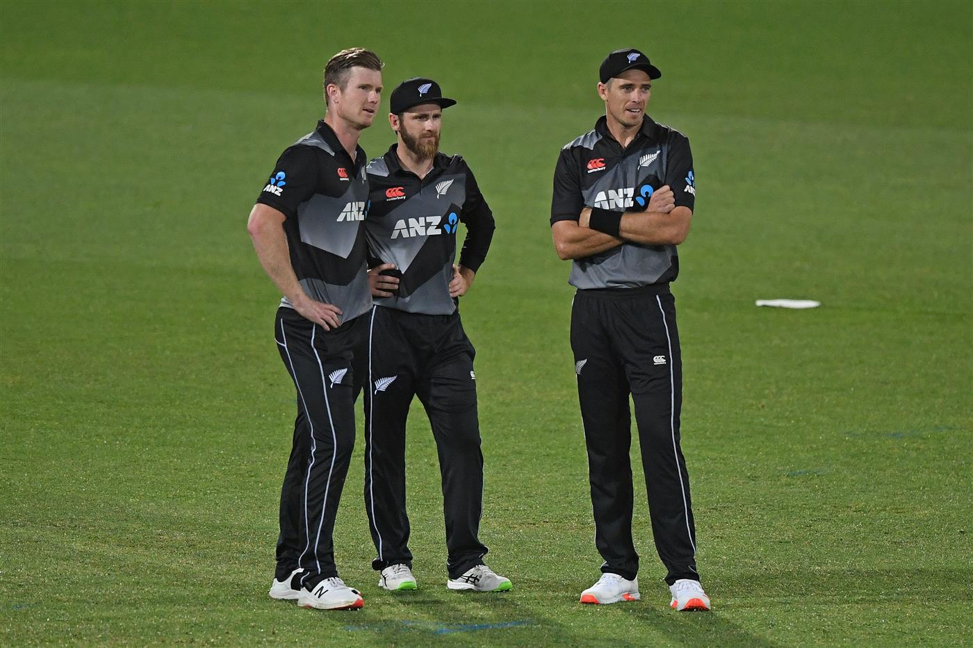 NAPIER, NEW ZEALAND - DECEMBER 22: Jimmy Neesham, Kane Williamson, and Tim Southee during the third game of the International T20 series between New Zealand and Pakistan at McLean Park on December 22, 2020 in Napier, New Zealand. (Photo by Kerry Marshall/Getty Images)
