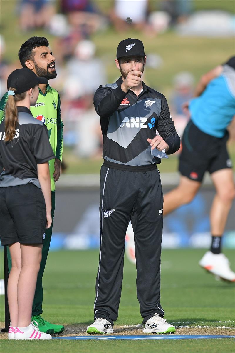 NAPIER, NEW ZEALAND - DECEMBER 22: Kane Williamson of New Zealand at the coin toss before the third game of the International T20 series between New Zealand and Pakistan at McLean Park on December 22, 2020 in Napier, New Zealand. (Photo by Kerry Marshall/Getty Images)