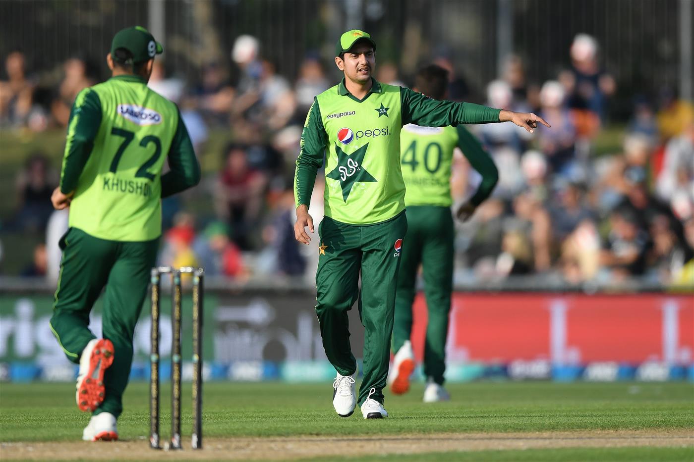 NAPIER, NEW ZEALAND - DECEMBER 22: Haider Ali of Pakistan directs the field during the third game of the International T20 series between New Zealand and Pakistan at McLean Park on December 22, 2020 in Napier, New Zealand. (Photo by Kerry Marshall/Getty Images)