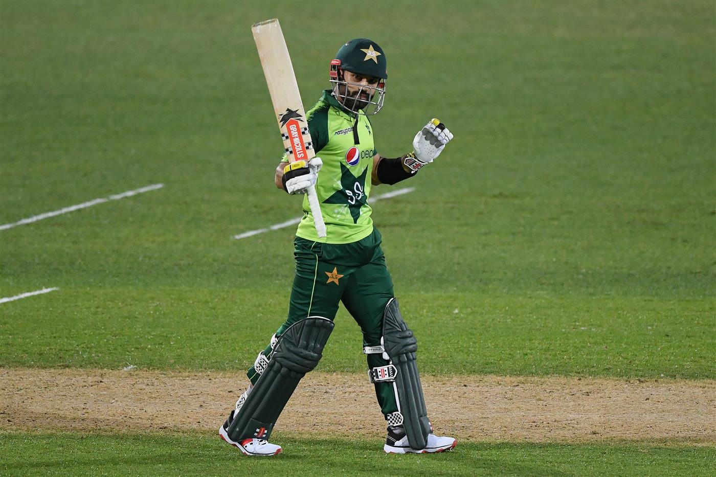 NAPIER, NEW ZEALAND - DECEMBER 22: Mohammad Rizwan of Pakistan celebrates scoring 50 runs during the third game of the International T20 series between New Zealand and Pakistan at McLean Park on December 22, 2020 in Napier, New Zealand. (Photo by Kerry Marshall/Getty Images)