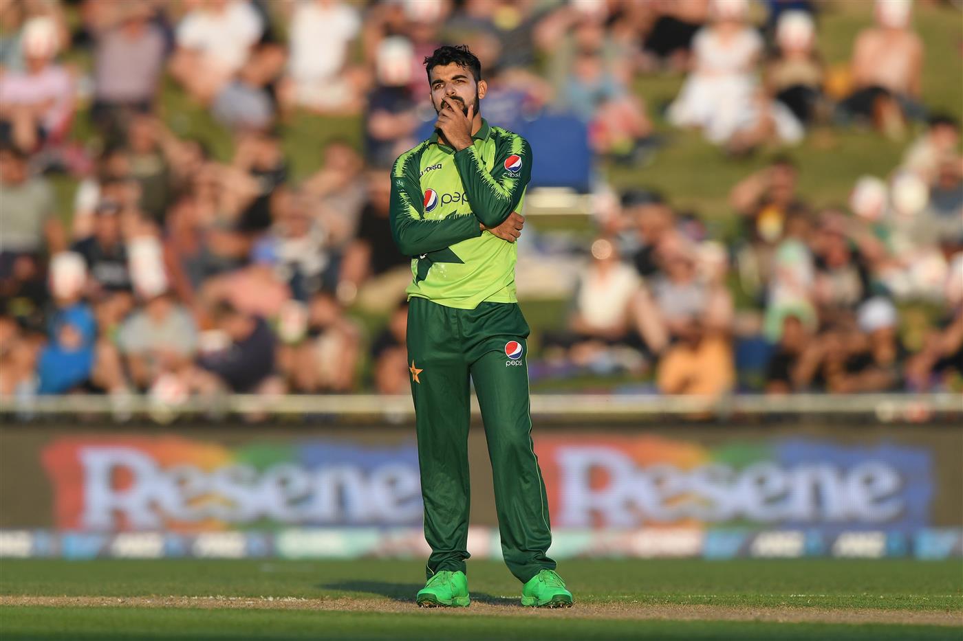 NAPIER, NEW ZEALAND - DECEMBER 22: Shadab Khan of Pakistan reacts during the third game of the International T20 series between New Zealand and Pakistan at McLean Park on December 22, 2020 in Napier, New Zealand. (Photo by Kerry Marshall/Getty Images)