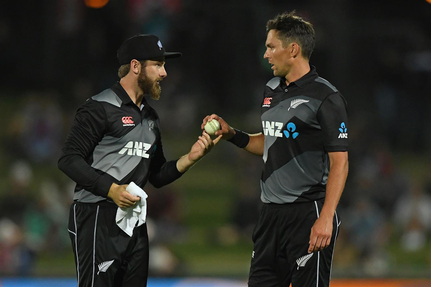 NAPIER, NEW ZEALAND - DECEMBER 22: Kane Williamson and Trent Boult of New Zealand during the third game of the International T20 series between New Zealand and Pakistan at McLean Park on December 22, 2020 in Napier, New Zealand. (Photo by Kerry Marshall/Getty Images)