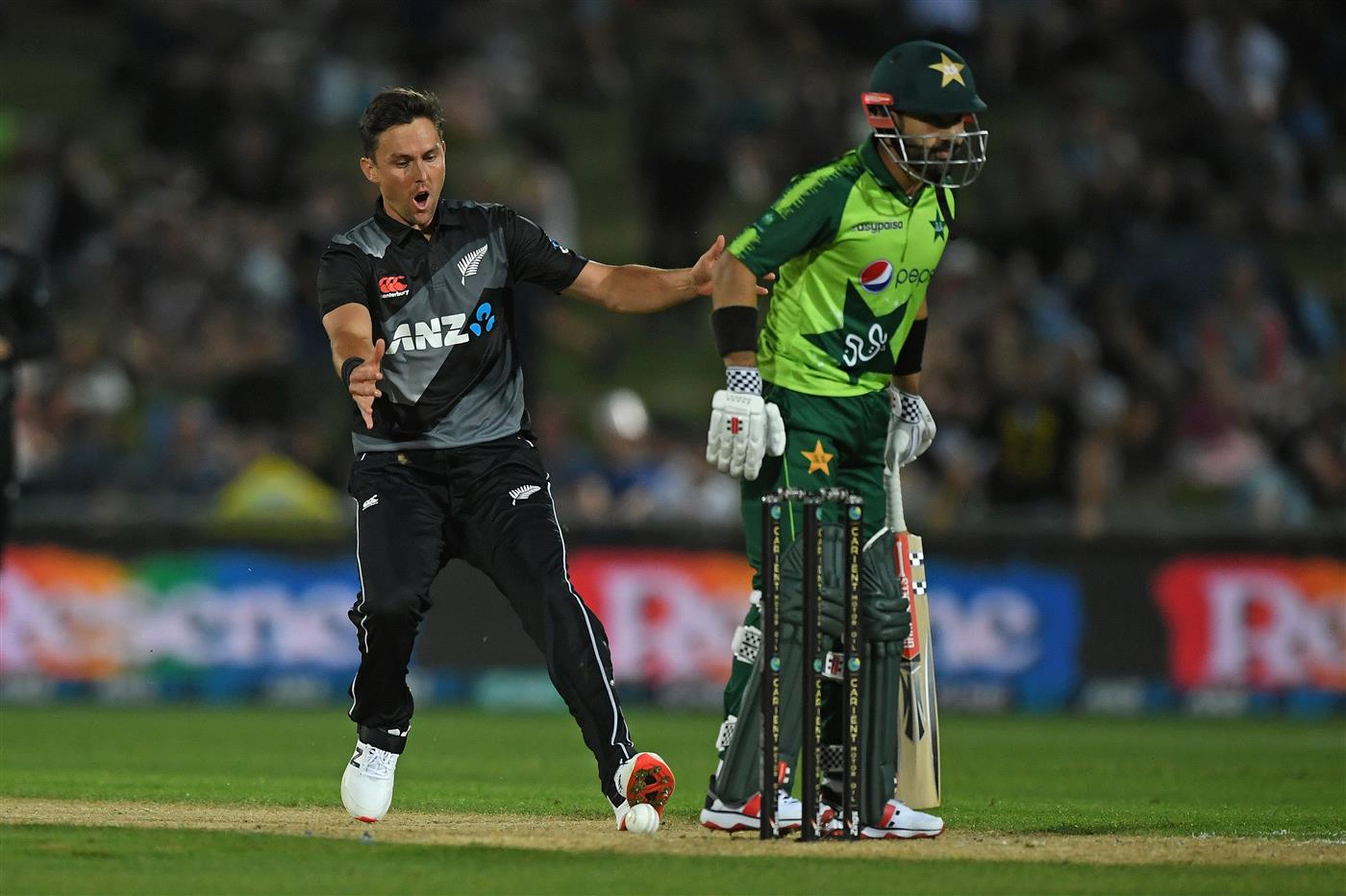 NAPIER, NEW ZEALAND - DECEMBER 22: Trent Boult of New Zealand in action during the third game of the International T20 series between New Zealand and Pakistan at McLean Park on December 22, 2020 in Napier, New Zealand. (Photo by Kerry Marshall/Getty Images)