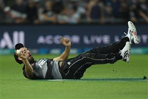 NAPIER, NEW ZEALAND - DECEMBER 22: Daryl Mitchell of New Zealand reacts after taking a catch during the third game of the International T20 series between New Zealand and Pakistan at McLean Park on December 22, 2020 in Napier, New Zealand. (Photo by Kerry Marshall/Getty Images)