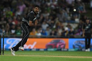 NAPIER, NEW ZEALAND - DECEMBER 22: Ish Sodhi of New Zealand bowls during the third game of the International T20 series between New Zealand and Pakistan at McLean Park on December 22, 2020 in Napier, New Zealand. (Photo by Kerry Marshall/Getty Images)