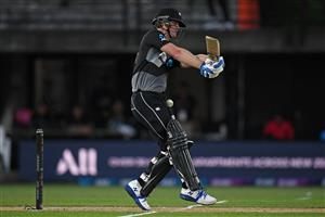 NAPIER, NEW ZEALAND - DECEMBER 22: Jimmy Neesham of New Zealand is hit by the ball during the third game of the International T20 series between New Zealand and Pakistan at McLean Park on December 22, 2020 in Napier, New Zealand. (Photo by Kerry Marshall/Getty Images)