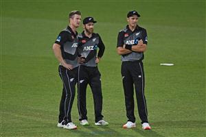 NAPIER, NEW ZEALAND - DECEMBER 22: Jimmy Neesham, Kane Williamson, and Tim Southee during the third game of the International T20 series between New Zealand and Pakistan at McLean Park on December 22, 2020 in Napier, New Zealand. (Photo by Kerry Marshall/Getty Images)