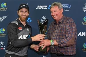 NAPIER, NEW ZEALAND - DECEMBER 22: Kane Williamson of New Zealand and Martin Seddon following the third game of the International T20 series between New Zealand and Pakistan at McLean Park on December 22, 2020 in Napier, New Zealand. (Photo by Kerry Marshall/Getty Images)
