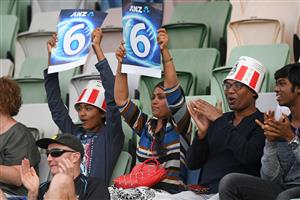 NAPIER, NEW ZEALAND - DECEMBER 22: Fans celebrate a six during the third game of the International T20 series between New Zealand and Pakistan at McLean Park on December 22, 2020 in Napier, New Zealand. (Photo by Kerry Marshall/Getty Images)