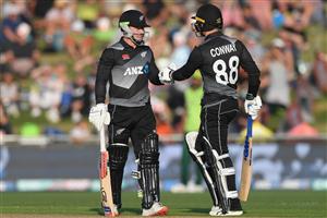 NAPIER, NEW ZEALAND - DECEMBER 22: Tim Seifert and Devon Conway of New Zealand during the third game of the International T20 series between New Zealand and Pakistan at McLean Park on December 22, 2020 in Napier, New Zealand. (Photo by Kerry Marshall/Getty Images)