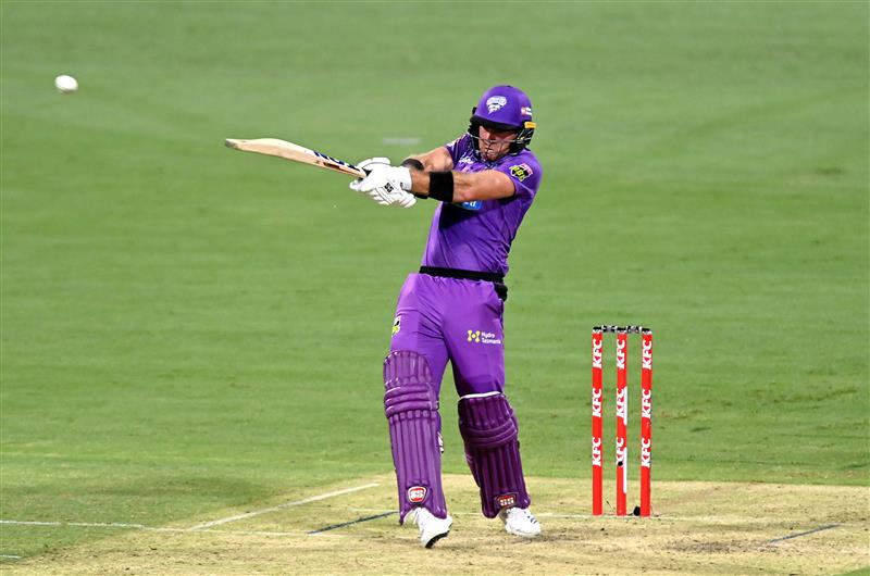 BRISBANE, AUSTRALIA - DECEMBER 30: Colin Ingram of the Hurricanes plays a shot during the Big Bash League match between the Hobart Hurricanes and Brisbane Heat at The Gabba, on December 30, 2020, in Brisbane, Australia. (Photo by Bradley Kanaris/Getty Images)