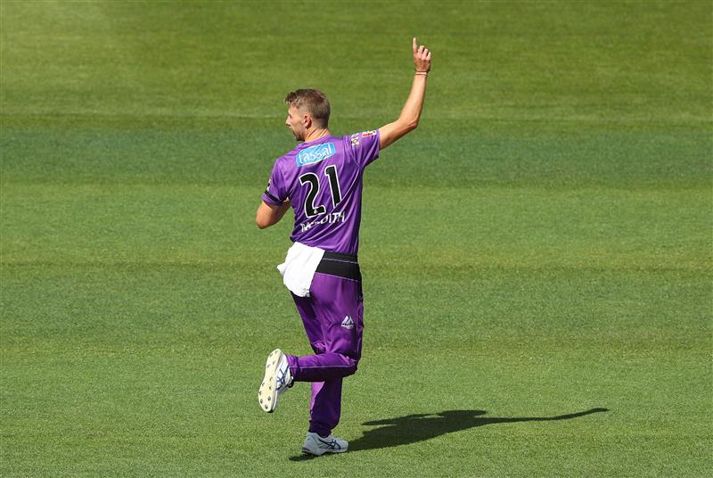 HOBART, AUSTRALIA - JANUARY 04: Riley Meredith of the Hurricanes celebrates taking the wicket of Andre Fletcher of the Stars during the Big Bash League match between the Melbourne Stars and the Hobart Hurricanes at Blundstone Arena, on January 04, 2021, in Hobart, Australia. (Photo by Robert Cianflone/Getty Images)