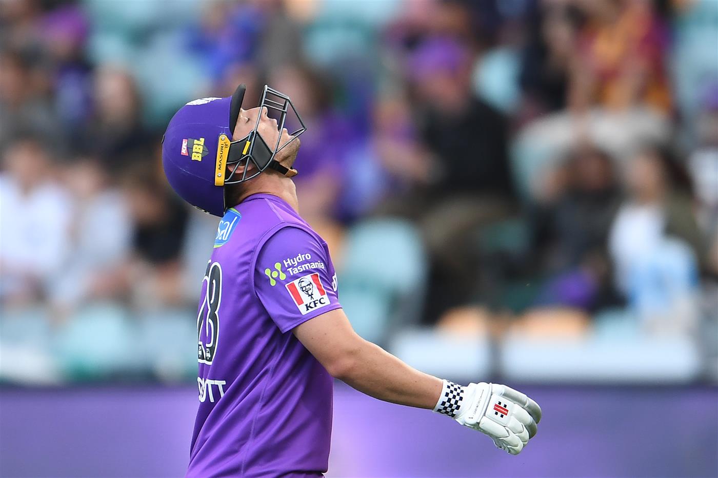 HOBART, AUSTRALIA - JANUARY 04:  Ben McDermott of the Hurricanes reacts after being dismissed for 91 during the Big Bash League match between the Melbourne Stars and the Hobart Hurricanes at Blundstone Arena, on January 04, 2021, in Hobart, Australia. (Photo by Steve Bell/Getty Images)