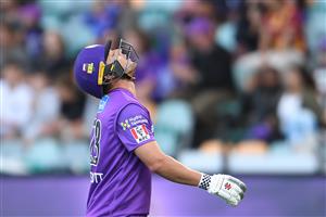 HOBART, AUSTRALIA - JANUARY 04:  Ben McDermott of the Hurricanes reacts after being dismissed for 91 during the Big Bash League match between the Melbourne Stars and the Hobart Hurricanes at Blundstone Arena, on January 04, 2021, in Hobart, Australia. (Photo by Steve Bell/Getty Images)