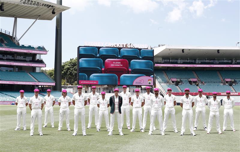 SYDNEY, AUSTRALIA - JANUARY 05: Australia poses for a team photo in their McGrath Foundations Pink Caps during an Australian nets session at the Sydney Cricket Ground on January 05, 2021 in Sydney, Australia. (Photo by Ryan Pierse/Getty Images)