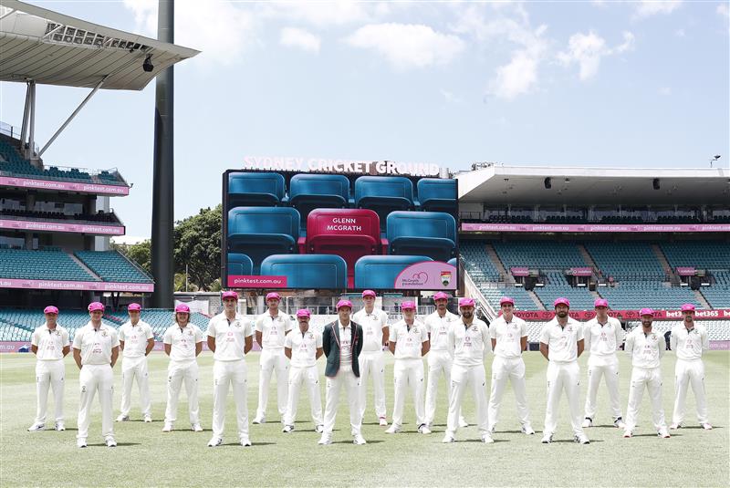 SYDNEY, AUSTRALIA - JANUARY 05: Australia poses for a team photo in their McGrath Foundations Pink Caps during an Australian nets session at the Sydney Cricket Ground on January 05, 2021 in Sydney, Australia. (Photo by Ryan Pierse/Getty Images)
