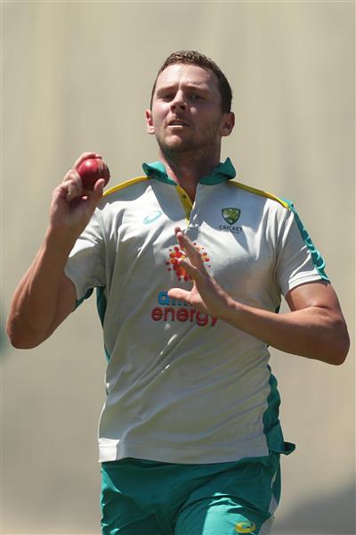 SYDNEY, AUSTRALIA - JANUARY 05: Josh Hazlewood of Australia bowls during an Australian nets session at the Sydney Cricket Ground on January 05, 2021 in Sydney, Australia. (Photo by Mark Metcalfe/Getty Images)